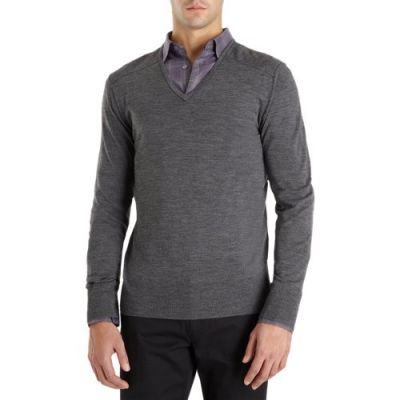 Ribbed Shoulder V-Neck Sweater in Black