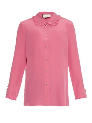 Ruffle-trimmed silk-crepe blouse in yellow