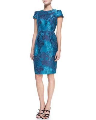 Short-Sleeve Floral Jacquard Cocktail Dress