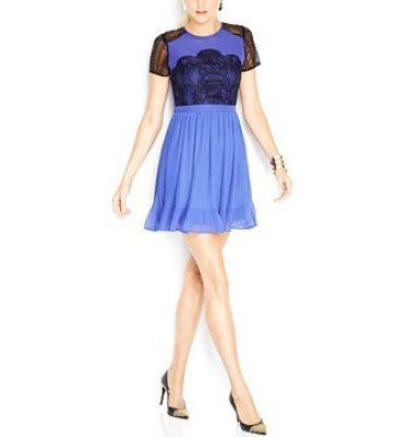 Short-Sleeve High-Neck Lace-Inset Dress