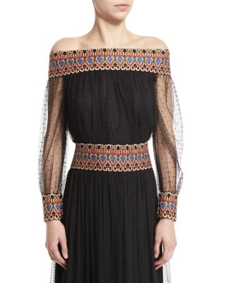 Sidney Long-Sleeve Chiffon Off-the-Shoulder Top, Black