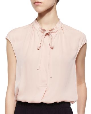 Silk Cap-Sleeve Tie-Neck Blouse