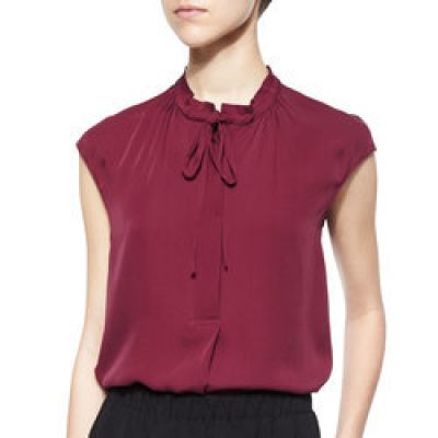 Silk Cap-Sleeve Tie-Neck Blouse