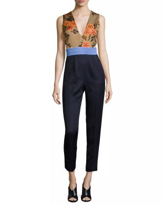 Sleeveless Floral-Combo Colorblock Jumpsuit, Navy