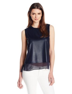 Sleeveless Mesh Overlay Blouse