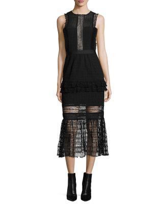 Sleeveless Mesh Ruffle-Trim Midi Dress, Black