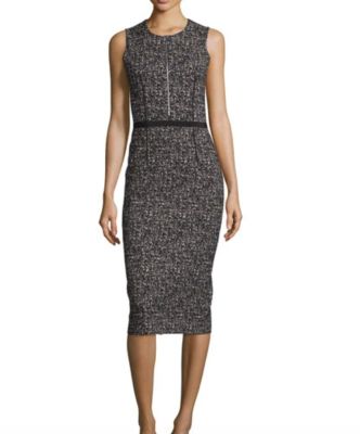 Sleeveless Tweed Zip-Front Sheath Dress, Black