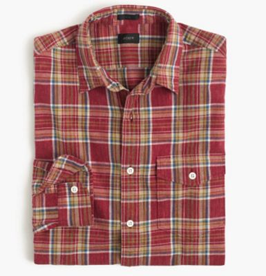 SLIM HEATHERED SLUB COTTON SHIRT IN RED PLAID