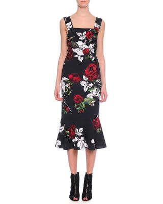 Square-Neck Rose-Print Flounce Dress