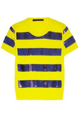 Striped Sequin-Embellished Jersey Top in Pink