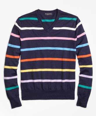 Supima® Cotton Multi Stripe V-Neck Sweater