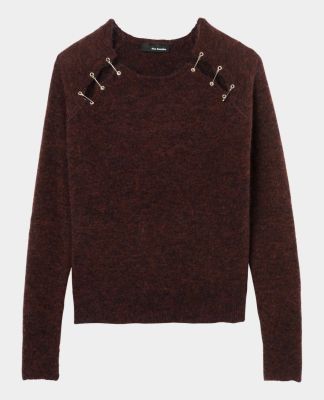 Sweater with shoulder slits and safety pin embellishment