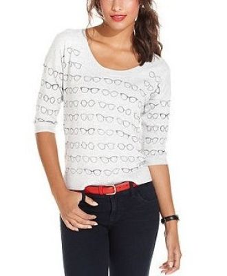 Three-Quarter Scoop-Neck Sunglass-Print Sweater 