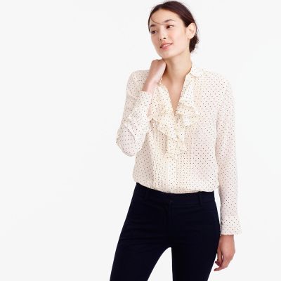 Tuxedo ruffle top in polka-dot silk