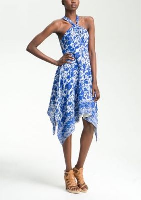 Twist Neck Print Silk Dress