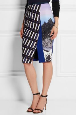 Vic tweed-paneled printed strech-crepe skirt