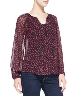 Vivette Floral-Print Silk Tassel Blouse