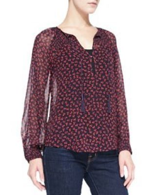 Vivette Floral-Print Silk Tassel Blouse