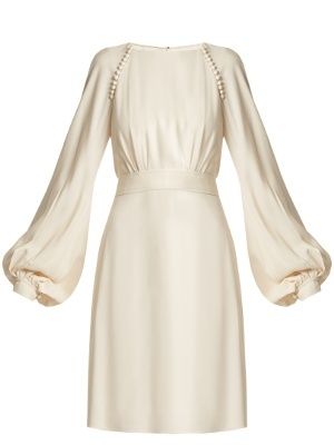 Waist-tie blouson-sleeve cady dress