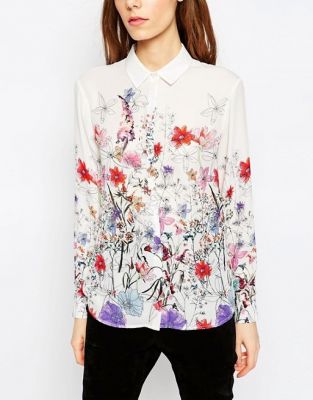Water Color Floral Border Print Blouse