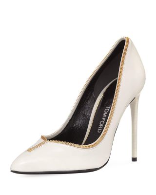 Zipper-Trim Leather 105mm Pump, White