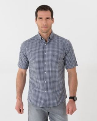 Mise au Green - Straight Plaid Shirt, Buttoned Collar, Short Sleeves