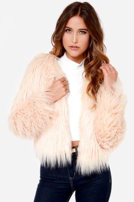  Cream Cropped Faux Fur Jacket