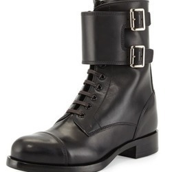 Leather Lace-Up Combat Boot, Black (Nero)
