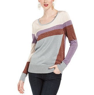Long-Sleeve Scoop-Neck Colorblocked Metallic Sweater