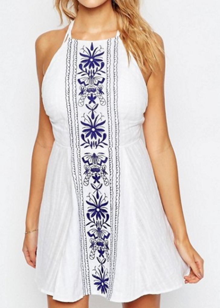 Panel Embroidered High Neck Cross Back Beach Dress
