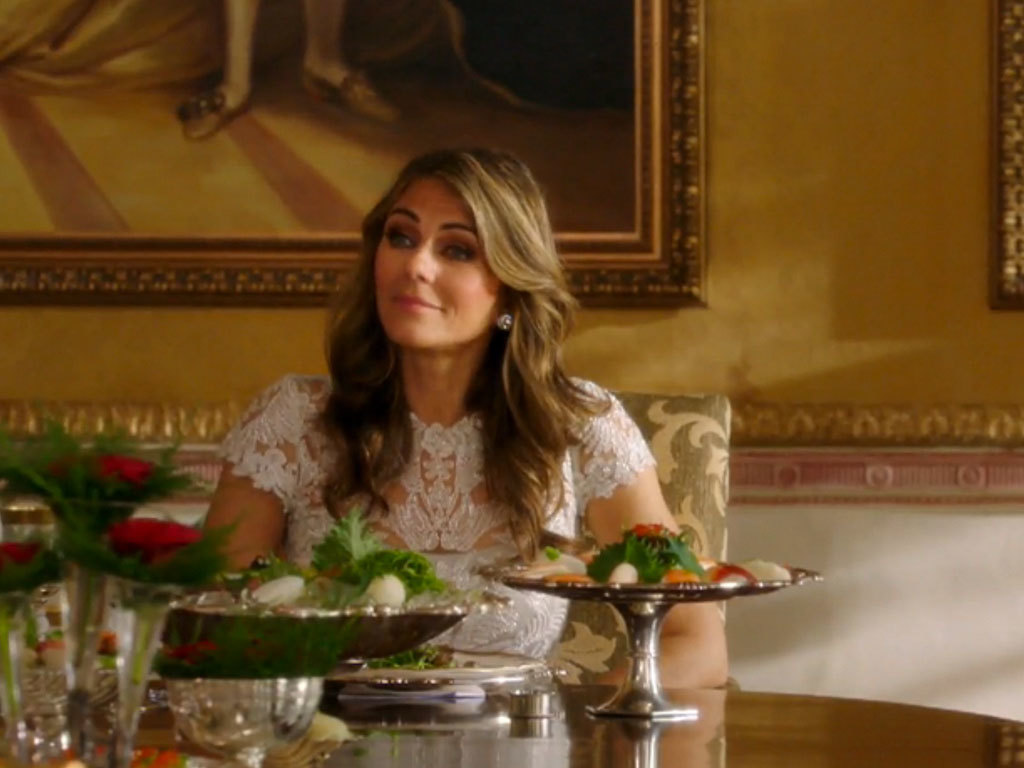 Queen Helena's Illusion Yoke Lace Sheath Dress (Regular & Petite) on The Royals