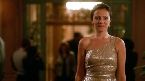 April Carver's Metallic Pleated One Shoulder Dress (Altered) on Chasing Life