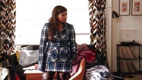 Dr. Mindy Lahiri's Belted cotton-blend tweed jacket on The Mindy Project