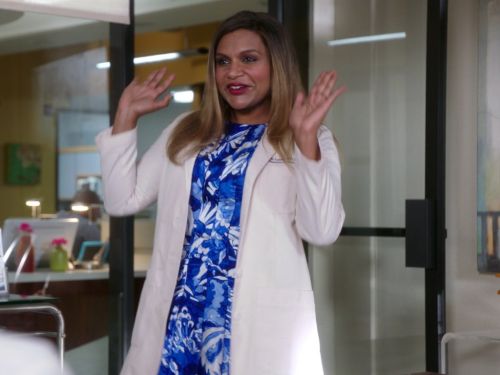 Dr. Mindy Lahiri's Floral-Print Pleated Short-Sleeve Dress, Lapis Blue on The Mindy Project