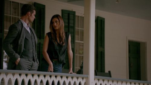 Hayley Marshall's Wrap-effect draped silk-chiffon blouse on The Originals