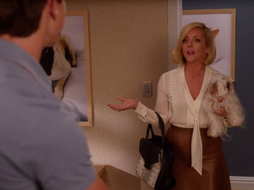 Jacqueline Vorhees' Studded Pintuck Blouse and Leather Skirt on Unbreakable Kimmy Schmidt