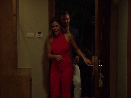 Jojo Fletcher's Red High Neck Drape Slit Dress on The Bachelorette
