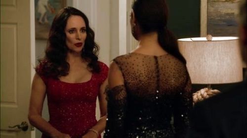 Victoria Grayson's Red Silk Sequined Mid-Length Sheath on Revenge
