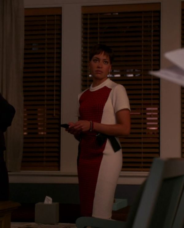 Lucca Quinn's Cloqué check panel waist tie wool dress on The Good Wife