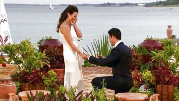 Andi Dorfman's Beaded Halter Draped Metallic Gown on The Bachelorette 