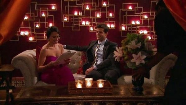 Andi Dorfman's Strapless Draped Silk Gown on The Bachelorette 