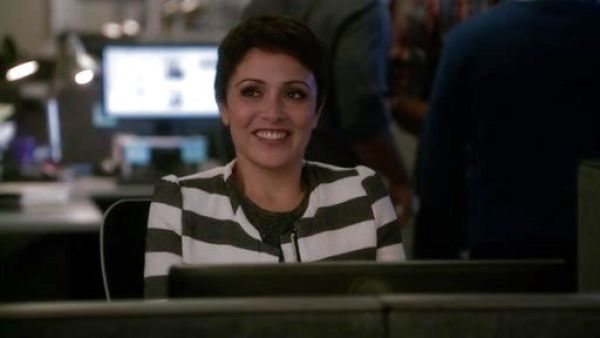 April Carver's Stripe Collarless Jacket on Chasing Life