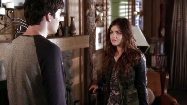 Aria Montgomery's Faux Leather Sleeve Camo Stud Army Jacket on Pretty Little Liars