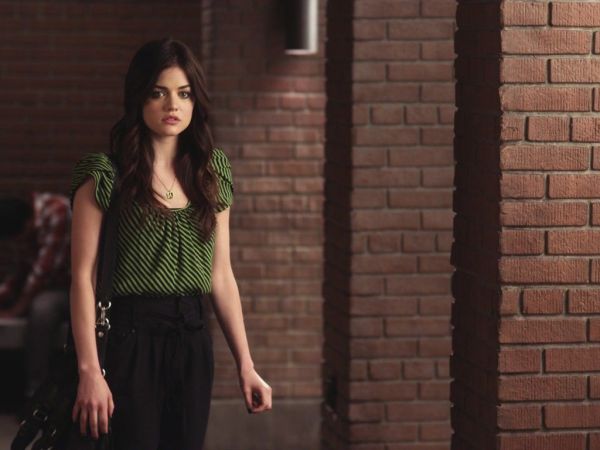 Aria Montgomery's Green Striped Silk Top on Pretty Little Liars