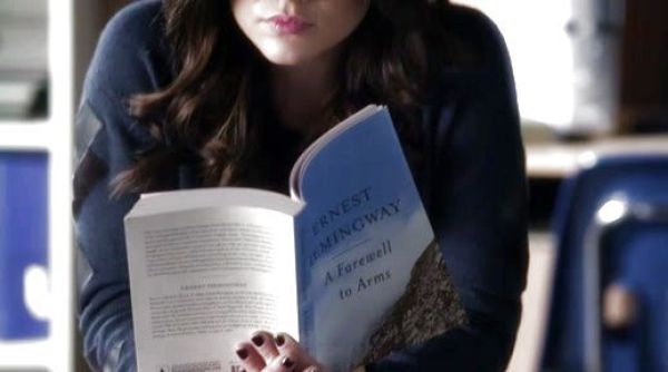 Aria Montgomery's Pieced Leather Sweater on Pretty Little Liars