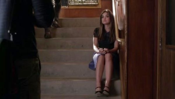 Aria Montgomery's Short-Sleeve High-Neck Lace-Inset Dress on Pretty Little Liars