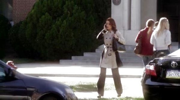 Ashley Marin's Collarless Panel Trench on Pretty Little Liars