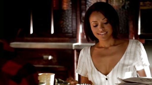 Bonnie Bennett's Crepe Stripe Button-Front Dress on The Vampire Diaries
