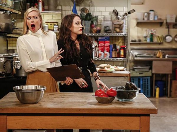 Caroline Channing's Satin-trimmed silk crepe de chine blouse on 2 Broke Girls