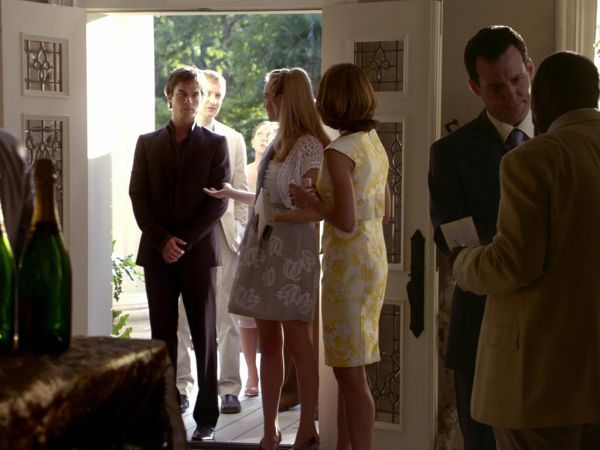 Caroline Forbes's Strapless Jacquard Dress on The Vampire Diaries